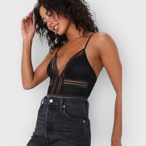 Lulus Casita Lace Thong Bodysuit S Black Sheer Striped Plunging V-Neck NWT Party